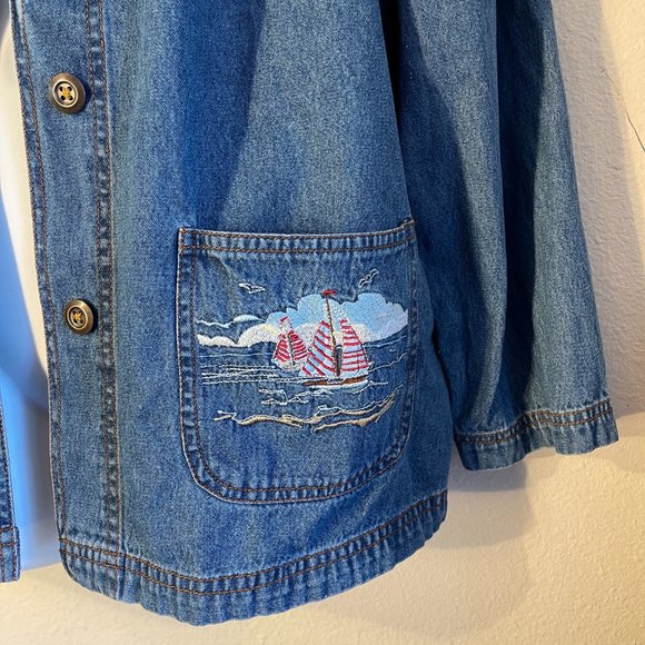 Blair Denim Jean Chore Coat With Embroidered Lighthouse Pockets Vintage M - Picture 3 of 5